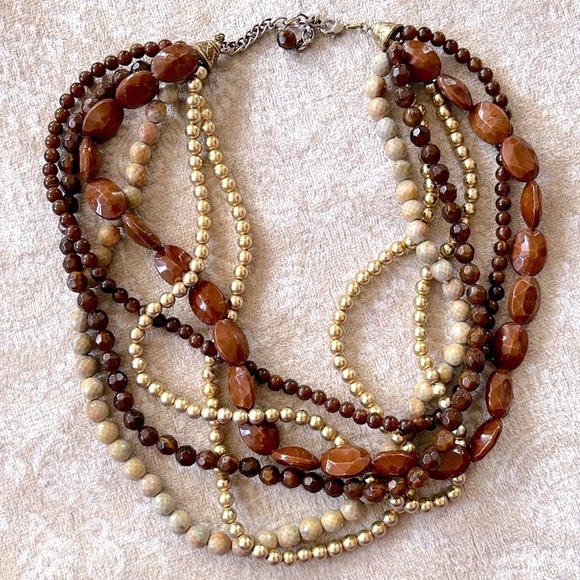 Multi-Strand Beaded Brown & Gold Tone Beaded Statement Necklace Adjustable - Picture 14 of 15